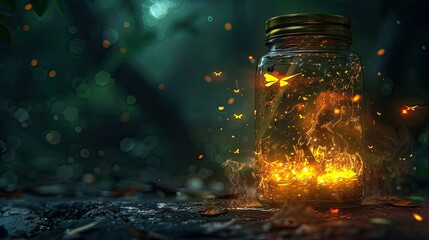 Glowing firefly jar casting warm light