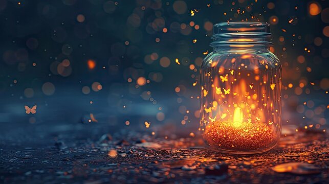 Glowing firefly jar casting warm light