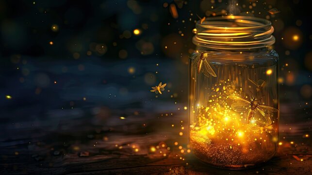 Glowing firefly jar casting warm light