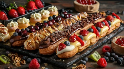 A variety of gourmet clairs adorned with fresh fruits and nuts, arranged on a chic serving tray