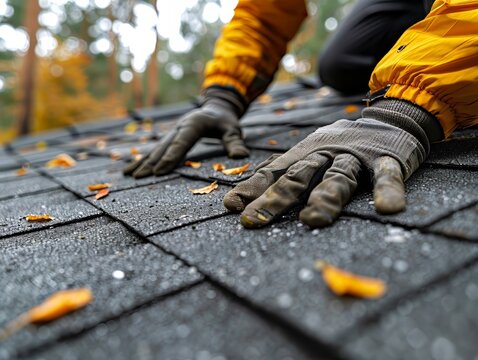 Worker in gloves fixing asphalt shingles on the roof in autumn. Home improvement and roofing maintenance concept.