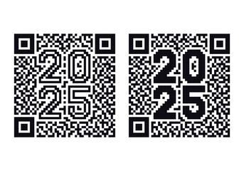 Happy New Year 2025 QR code icon isolated in white background. Universal pixelated qr code monochrome icon for greeting card, link,  logo  and other design. Vector Illustration. Not AI created.
