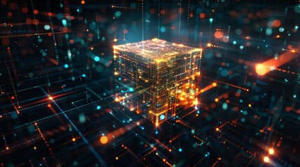 Obraz premium A glowing cube of data with digital connections, floating in black space, surrounded in the style of pixelated landscapes, with cinematic lighting, in a low angle shot, like a still from a sci-fi film