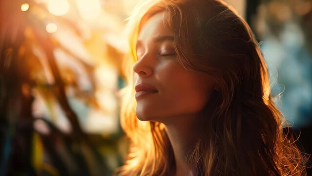 Woman enjoying sunlight, smiling, with closed eyes and long brown hair
