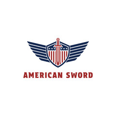 american sword with justice shield flag logo design concept idea