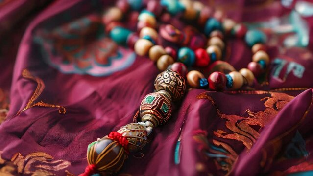 Intricately designed prayer beads on colorful, embroidered fabric