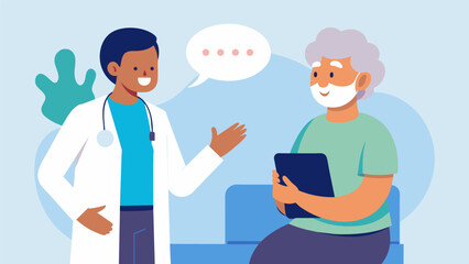 With a kind and understanding tone the doctor encouraged the senior to ask questions and voice any concerns during their regular health checks emphasizing the importance of open. Vector illustration