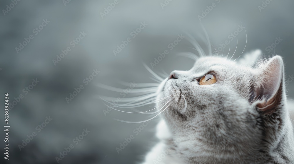 Poster close up of adorable white british cat gazing upwards with empty space in a gray and white backgroun