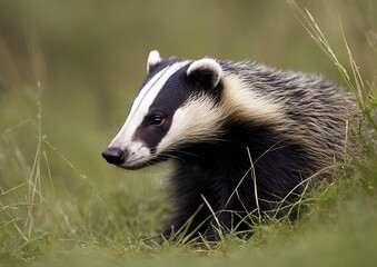 A badger (Mustelidae) sitting in the grass in Dumfries and Galloway, Scotland.