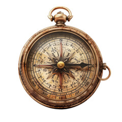 The image is of an antique brass compass with a white dial and a red needle. It is surrounded by a brown leather case.