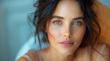 Naklejka premium Portrait of beautiful woman. Woman with black hair takes care about skin. Beauty concept. Skin concept. Woman concept. Care concept.