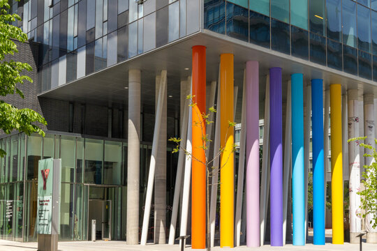 Toronto, Canada, May 24 2024; Colorful pillars as street art at the entrance to Cherry Street YMCA in Toronto.