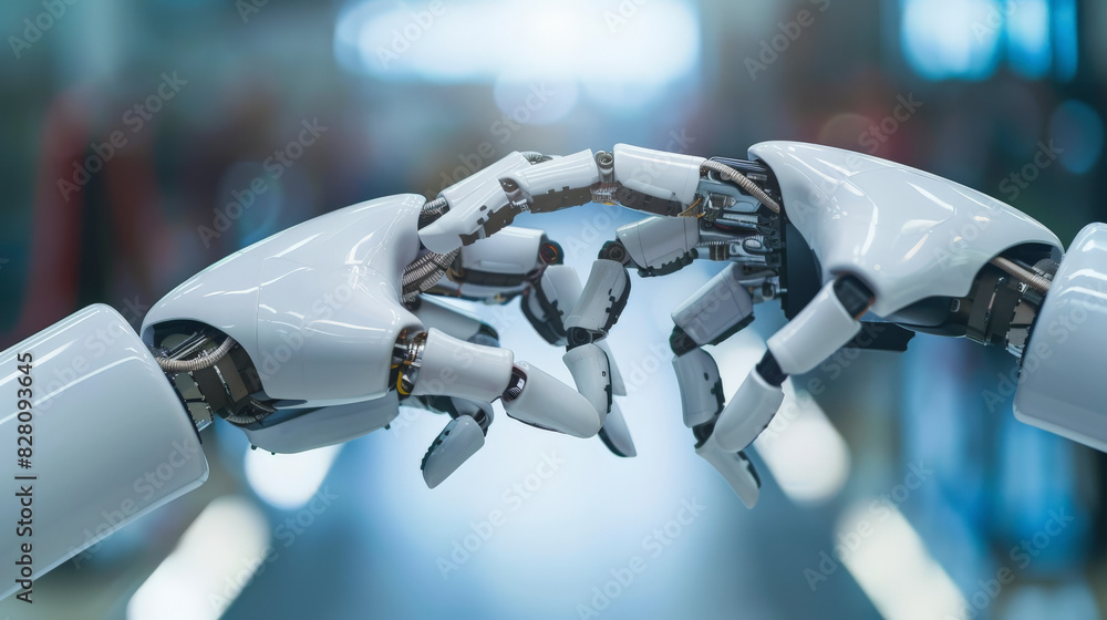 Poster two robotic hands reaching towards each other, fingers nearly touching, symbolizing advanced technol