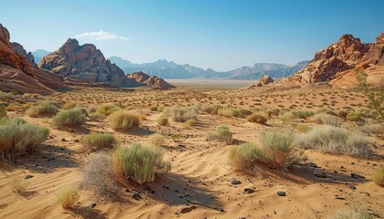 Stark desert landscape with towering sandstone cliffs, sparse vegetation, and a clear, cloudless sky, capturing the raw beauty of the arid environment