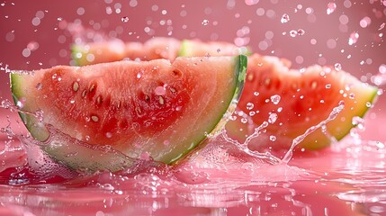 a vibrant splash of watermelon juice on a solid pink background