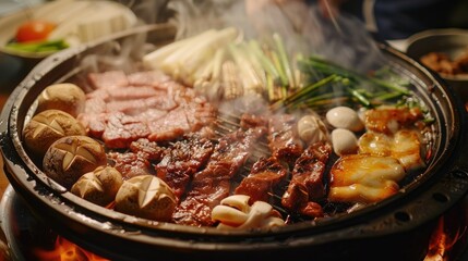 Grilled meats sizzling on the barbecue and fresh ingredients cooking in the hot pot, a delightful culinary fusion.