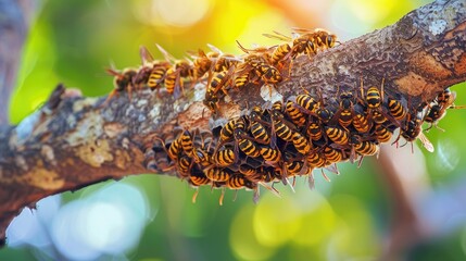 Group of wasps working together to build a nest on a tree branch, capturing their teamwork and the nest's progress.