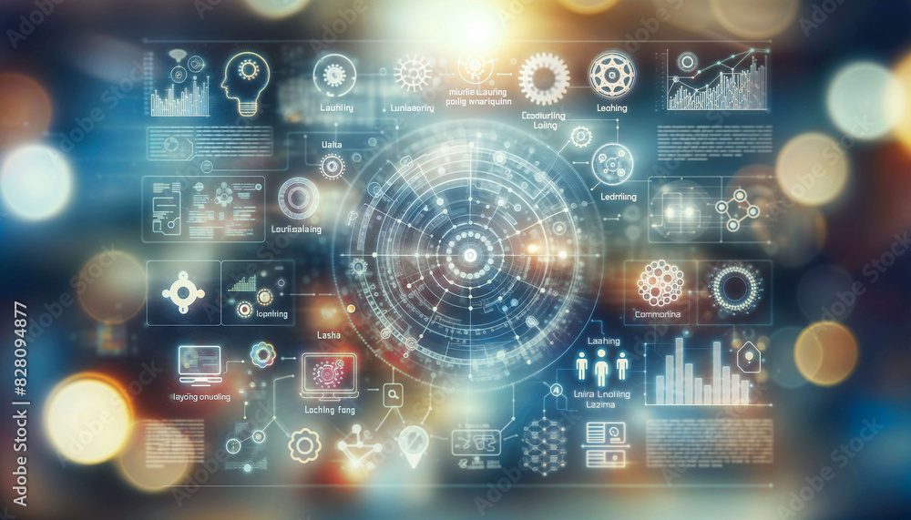 Poster an infographic illustrating the machine learning process on a blurred background - generative ai