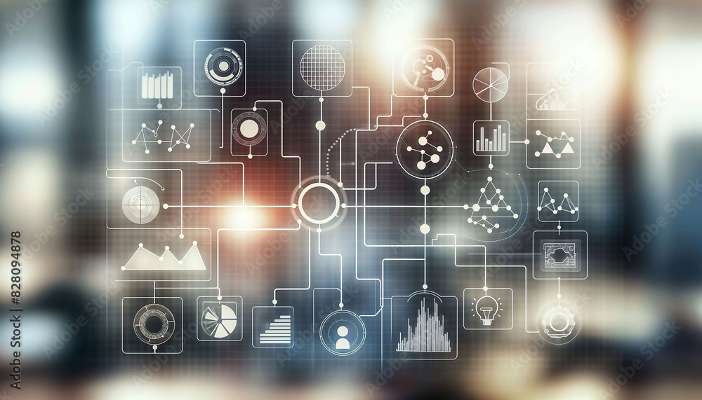 Poster an infographic illustrating the machine learning process on a blurred background - generative ai
