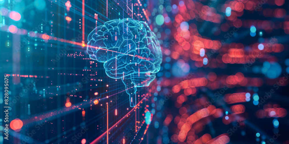Poster an infographic illustrating the machine learning process on a blurred background - generative ai
