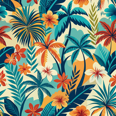 Colourful Retro Tropical palm trees silhouettes , Island , Leaves , flower repeat in retro style. Vector art Hand drawn illustration for summer design, print, exotic wallpaper, textile, fabric
