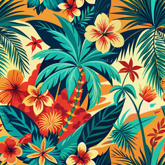 Colourful Retro Tropical palm trees silhouettes , Island , Leaves , flower repeat in retro style. Vector art Hand drawn illustration for summer design, print, exotic wallpaper, textile, fabric