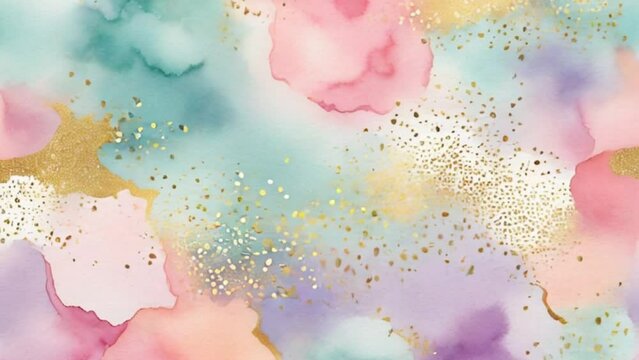 Pastel hand painted watercolour background with gold glitter elements, motion