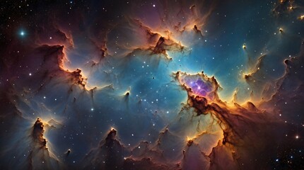 Fototapeta premium A fiery, cloudy sky with the sun and stars in a fantasy universe, cosmic, nebula