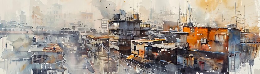 Capture the essence of Urban Decay with a watercolor painting, showcasing a decaying cityscape from a surprising birds eye view perspective, revealing beauty in deterioration
