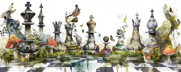 Illustrate a whimsical watercolor chess kingdom teeming with fantastical flora and fauna, embodying a fairytale-like ambiance Infuse the pieces with biodegradable materials and organic shapes to empha