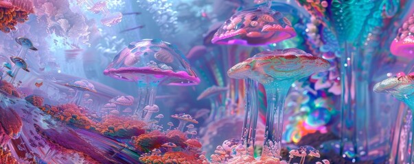 Immerse in a surreal, panoramic oasis blending reality and virtuality with a touch of magical realism Portray a personal sanctuary adorned with ethereal hues and futuristic technology, a digital escap