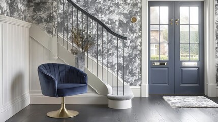 A chic entryway featuring untamed gray print wallpaper and a luxurious, velvet modern chair in deep blue, offering an inviting and elegant greeting.