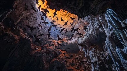 Top-down shot of bats flying into a cave, illustrating the mysterious allure of these nocturnal creatures.