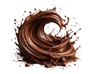 Dark brown Chocolate or cocoa liquid swirl splash with little foundation bubbles isolated on white background, liquid fluid element flowing in form of wave,png