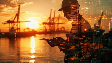 A longshoreman reviews a shipping manifest on the docks at sunset, double exposure