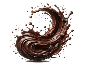 Dark brown Chocolate or cocoa liquid swirl splash with little foundation bubbles isolated on white background, liquid fluid element flowing in form of wave,png