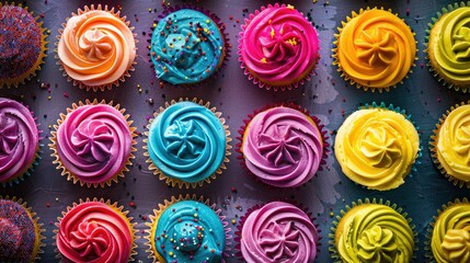 Vibrant cupcakes with colorful frosting and sprinkles, arranged in rows on a serving tray for a festive dessert display.