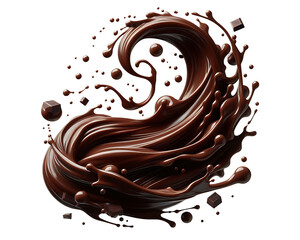 Dark brown Chocolate or cocoa liquid swirl splash with little foundation bubbles isolated on white background, liquid fluid element flowing in form of wave,png