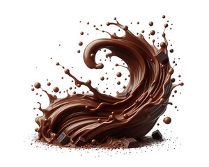 Dark brown Chocolate or cocoa liquid swirl splash with little foundation bubbles isolated on white background, liquid fluid element flowing in form of wave,png