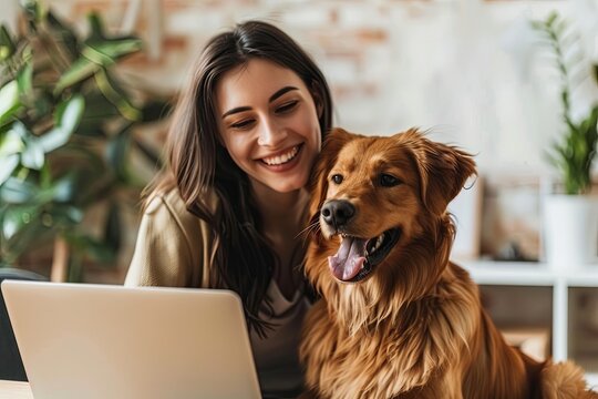 Young brunette woman sitting on floor, laughing and talking, using laptop with her dog beside her - Powered by Adobe
