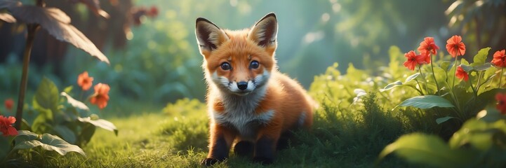 Fototapeta premium portrait of a fox puppy on garden yard background banner
