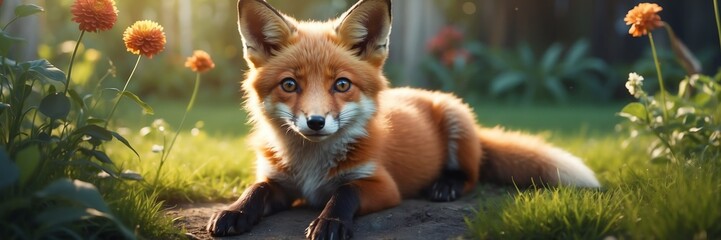 Fototapeta premium portrait of a fox puppy on garden yard background banner
