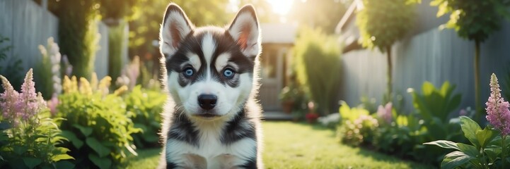 portrait of a husky puppy on garden yard background banner