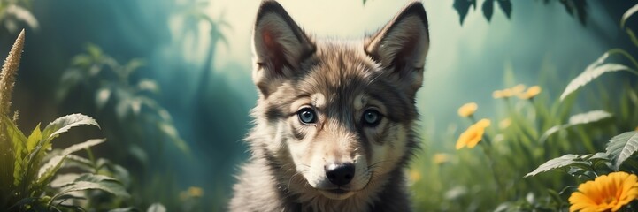 portrait of a wolf puppy on garden yard background banner