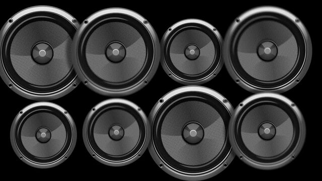 A wall of animated speakers that could be used in any music, sound, or fan prompt video/animation. This animation has a transparent background.

