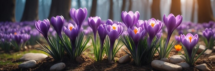 crocus flowers on garden yard background banner