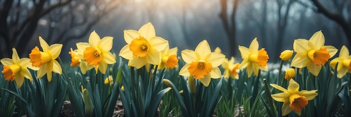 Fototapeta premium daffodil flowers on garden yard background banner
