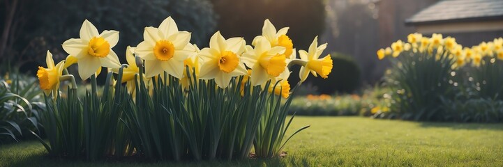 Obraz premium daffodil flowers on garden yard background banner