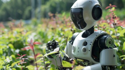 Fototapeta premium Humanoid robots plant, harvest, and monitor crops on farms. 
