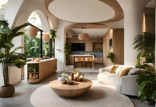 Extremely lifelike image of a modern take on a little apartment with circular arches, white cream stone, light wood interior, and tropical greenery, inspired by Rivendell and Lothlorien